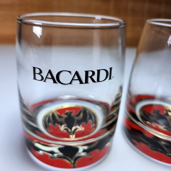Bacardi Rum Cocktail Glass Bat Logo Lot of 2 Weighted lo-ball Collectable 10oz - Picture 2 of 8